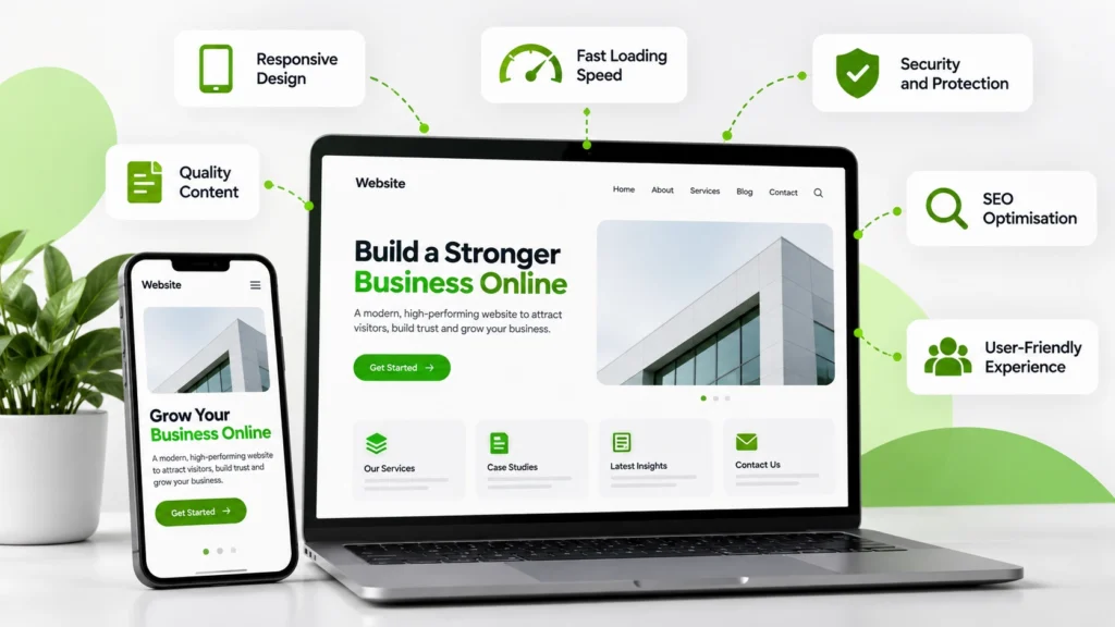 Essential business website features including responsive design, performance, security, and user experience