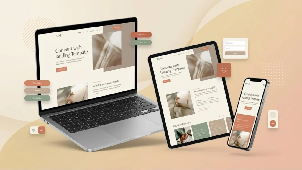 UI/UX design best practices illustrated with website wireframes, interface components, and a mobile layout