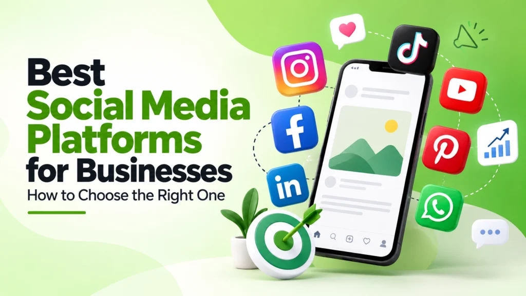 Best social media platforms for businesses, featuring social media icons and a smartphone