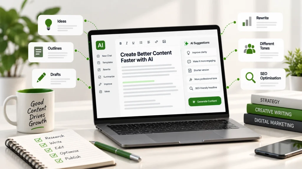AI copywriting illustration showing a digital writing document and tools supporting content creation
